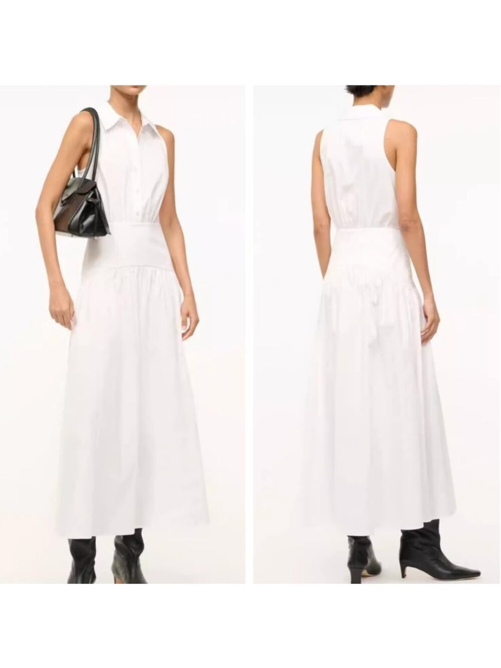 STAUD Romy Midi Dress White Sleeveless Collared